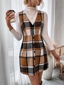 SHEIN LUNE Plaid Button Decorated Dress - Multicolor - View 4