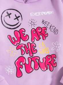 SHEIN Tween Girls' Sweet Cartoon Letter Pattern Hooded Sweatshirt And Pants Set - Mauve Purple - View 3