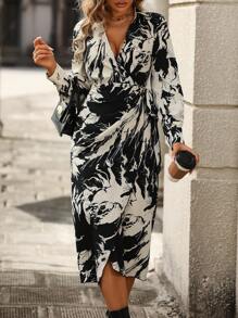 SHEIN LUNE In Hoa Wrapped Xù Hoa Sen Đầm - màu đen - Xem 7