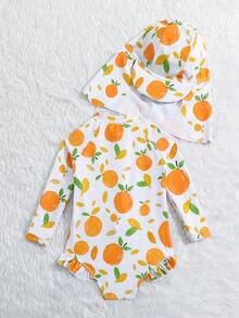 Baby Girls' One-piece Swimsuit With Random Print, Ruffle Hem And Hood - Orange - View 2