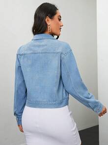 SHEIN Privé Rhinestone Embellished Thermal Lined Denim Jacket - Light Wash - View 6