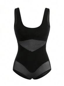 Solid Mesh Insert Shapewear Bodysuit - Black - View 2