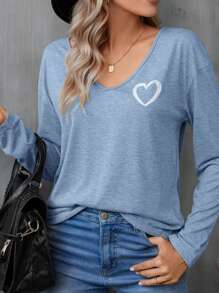 SHEIN LUNE 女款心形印花v領t恤 - 藍色 - 查看 2