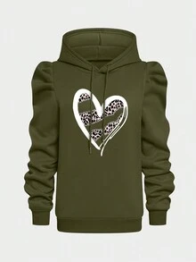 SHEIN LUNE Của phụ nữ Hình vẽ trái tâm Báo In Tay Raglan Hoodie - xanh quân đội - Xem 3