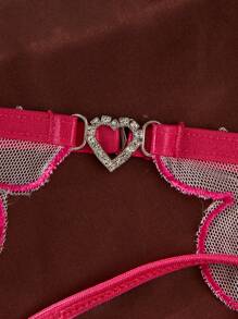 Pure Desire 女式粉紅蕾絲蝴蝶結細肩帶內衣套裝(無鋼圈胸罩、丁字褲、吊襪帶),3 件/套 - 玫紅色 - 查看 3
