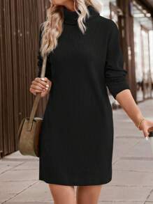 EMERY ROSE 純色高領長袖連衣裙 - 黑色 - 查看 1