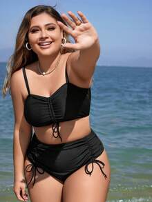 SHEIN Swim Curve 大码女式褶饰吊带比基尼套装夏季海滩 - 黑色 - 查看 8