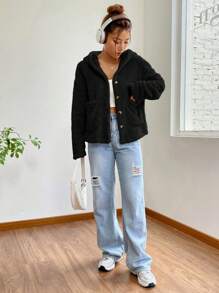 SHEIN EZwear Của phụ nữ Sang trọng Nút lên áo có mũ Áo khoác - màu đen - Xem 4