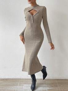 Chiquease Của phụ nữ Màu thuần Xu hướng: Cắt giảm Cổ cao Đầm - Xám - Xem 5