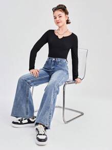 SHEIN 3pcs/Set Teen Girl Solid Color V-Neck Long Sleeve Casual T-Shirt Set - Multicolor - View 9