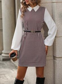 SHEIN Clasi Houndstooth Splicing Lantern Sleeve Dress - Red - View 6