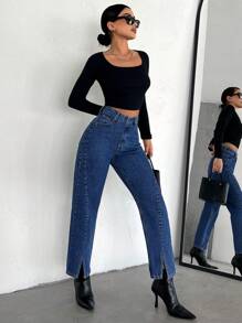 EURMUSE Split Hem Straight Leg Jeans - Blue - View 4