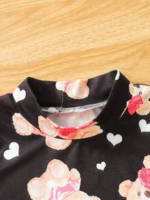 女婴熊印花半高领T恤搭配牛仔效果下摆喇叭裤两件套服装 - 黑色 - 查看 4