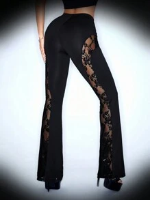 SHEIN ICON Ren Vá lại Cao eo Gợi cảm Dài Quần - màu đen - Xem 2