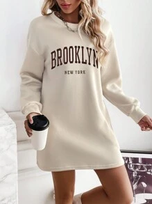 SHEIN EZwear Women's Letter Print Drop Shoulder Sweatshirt - Khaki - View 6