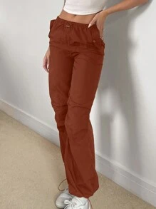 SHEIN Essnce 女用腰部抽繩降落傘褲 - 棕色 - 查看 4