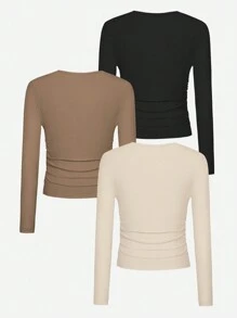 SHEIN Unity 3pcs Solid V Neck Ruched Side Tee - Multicolor - View 2