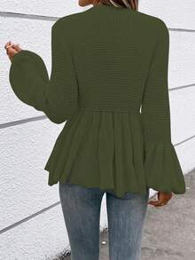 SHEIN LUNE 女款實色燈籠袖毛衣,褶邊下擺設計 - 綠色 - 查看 2