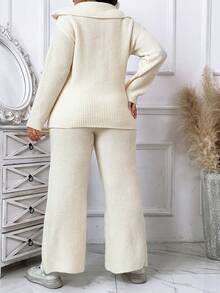 SHEIN LUNE Plus Size Women's Half-zip Sweater And Sweater Pants Set - Apricot - View 2