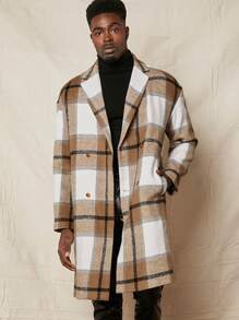 Manfinity VCAY Loose Fit Men's Plaid Double-Breasted Lapel Neck Drop Shoulder Overcoat, For Fall Winter - Khaki - View 1