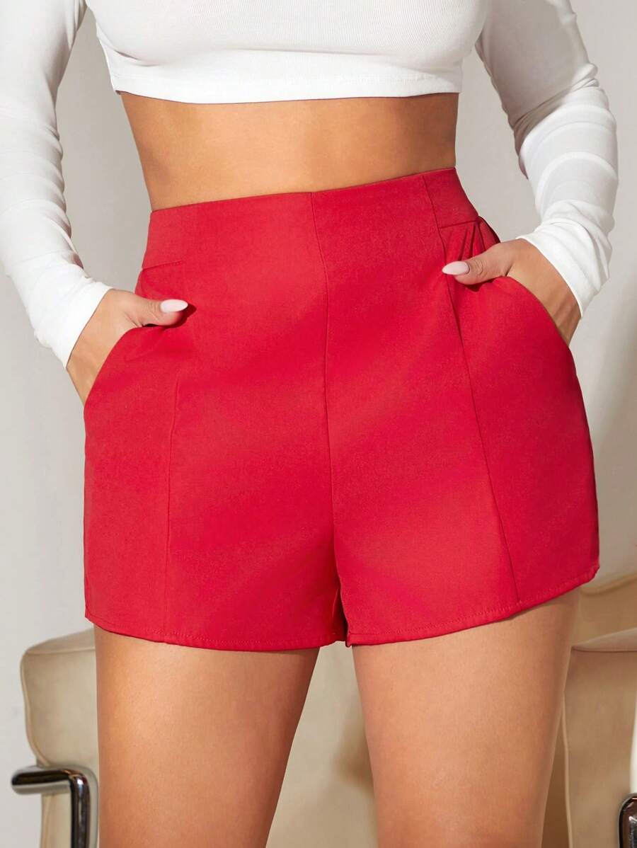 SHEIN SXY 女士纯色口袋休闲百搭日常短裤 - 紅色 - 查看 1