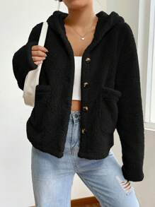 SHEIN EZwear Của phụ nữ Sang trọng Nút lên áo có mũ Áo khoác - màu đen - Xem 2