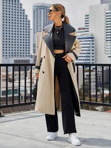 Aveloria Spliced Pu Belt Trench Coat - Khaki - View 4