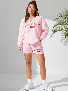 SHEIN EZwear Ladies' Letter Print Drop Shoulder Sweatshirt And Shorts Two-piece Set - Pink - View 5