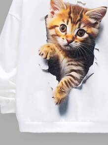 SHEIN Tween Boy Casual Loose Fit Knitted Sweatshirt With Cat Animal Print Design, Junior - White - View 4