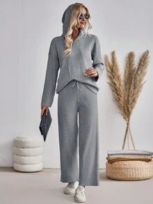 SHEIN LUNE 純色休閒連帽毛衣褲套裝 - 灰色 - 查看 5