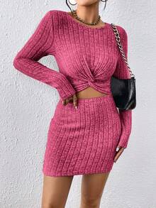 SHEIN Essnce 女款紐扣 Polo 衫和裙子兩件套 - 玫紅色 - 查看 3