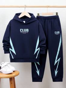 SHEIN Tween Boy Hooded Comfortable Sweatshirt And Sweatpants Set - Navy Blue - View 1
