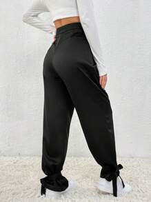 SHEIN LUNE Solid Color Pleated Pants With Ankle Ties Fall Cloth For Women - Black - View 2