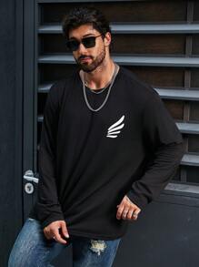 Manfinity Homme Men's Plus Size Graphic Printed Long Sleeve T-shirt - Black - View 4