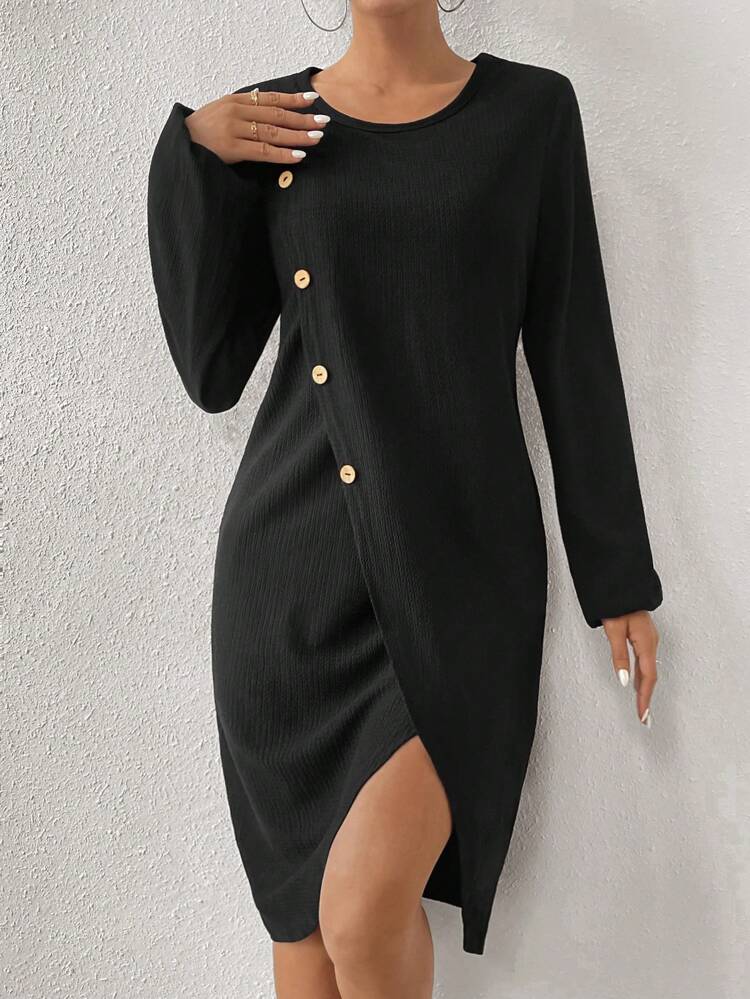 Button Detail Wrap Hem Dress