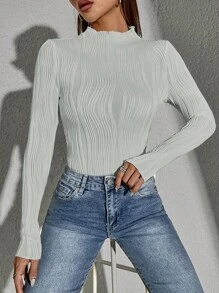 SHEIN Essnce Màu thuần Một nửa Áo cao cổ Tay áo dài Áo thun - Màu Xám nhạt - Xem 1