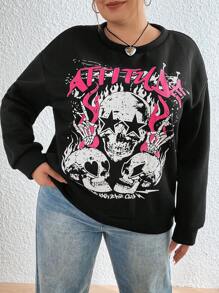 Flirla Plus Size Skull And Text Print Pullover Sweatshirt