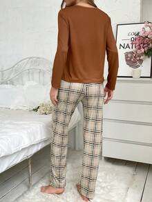 Plaid Long Sleeve Pajama Set - Brown - View 2