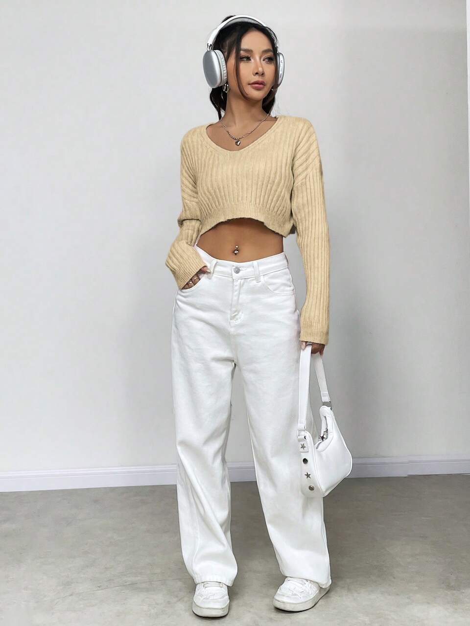 Women's Solid Color V-Neck Long Sleeve Cropped Ribbed Knit Pullover Fall Winter Sweater
