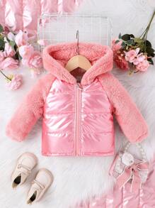 1件秋冬季時尚防風外套和厚實的嬰兒女裝毛絨外套 - 粉色 - 查看 1