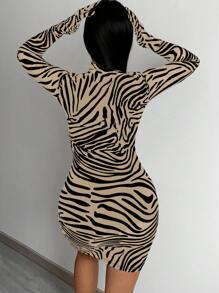 SHEIN SXY Zebra Pattern High Neck Full Long Sleeve Bodycon Dress With Attached Finger Gloves - Khaki - View 2