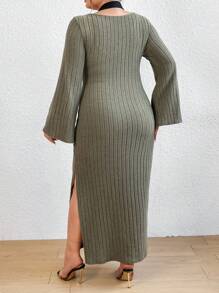 Flirla 大尺碼高開衩羅紋連身裙 - 軍綠色 - 查看 3