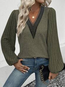 SHEIN LUNE Ren Tay áo dài Áo thun - xanh quân đội - Xem 3