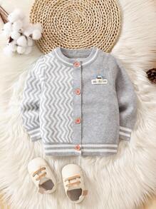 寶寶男童字母拼接v領針織衫,帶鋸齒圖案 - 灰色 - 查看 1