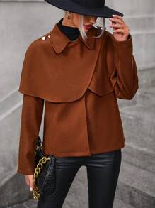 SHEIN LUNE 女性毛呢外套,釦子細節設計,帶斗蓬領 - 棕色 - 查看 3