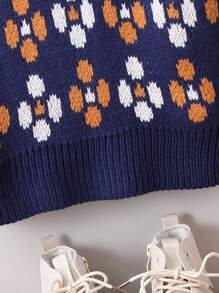 SHEIN 年轻女孩全印花彩色块彼得潘领毛衣 - 藏蓝色 - 查看 6