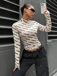 SHEIN Unity Của phụ nữ Giường đôi In Đứng cổ áo Áo thun - Màu be - Xem 1