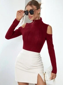 SHEIN Privé 實心高領t恤,露肩設計 - 酒紅色 - 查看 1