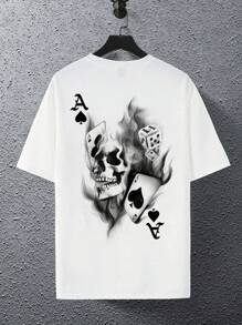 Manfinity ZONE917 Loose Fit Men Skull & Playing Cards Printed Short Sleeve T-Shirt, Boyfriend Gift, For Work - White - View 5