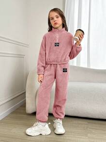 Tween Girl Cool Knitted Solid Color Stand Collar Two-Sided Fleece Half-Open Front Long Sleeve Outfit - Dusty Pink - View 6